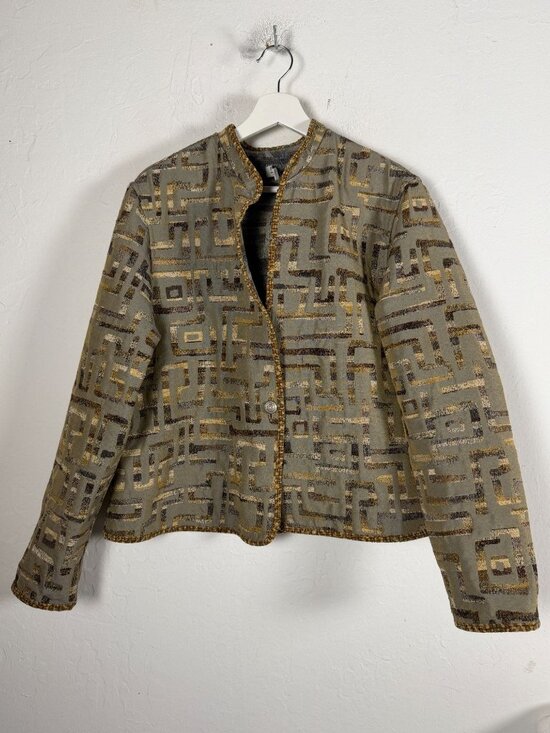 Première Jackets & Blazers - Première Reversible Jacket Green Gold Metallic Abstract Geometric Art To Wear XL